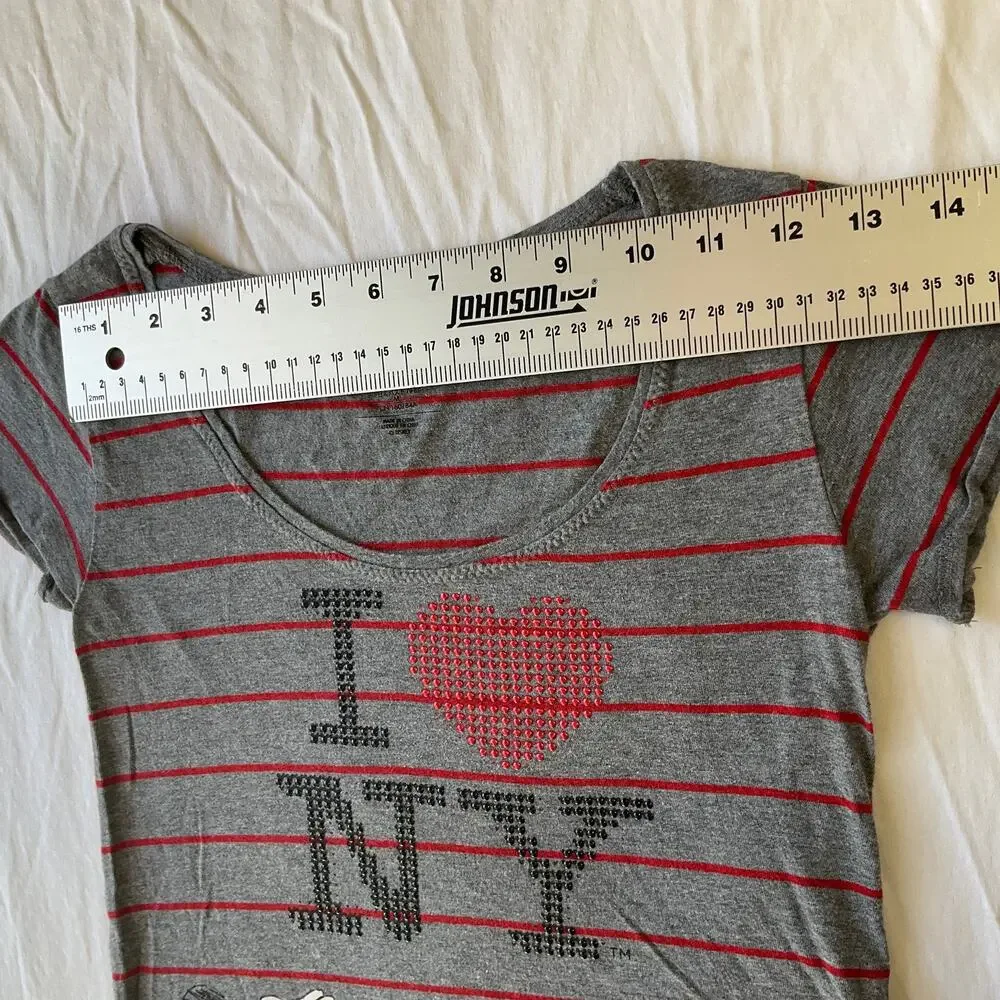 Disney Store Women Shirt XS Gray Striped Logo Scoop Neck Pullover Short Sleeve